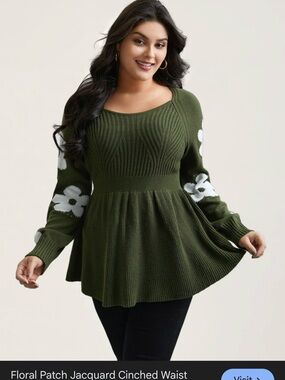 Olive Green Floral Jacquard Knit Peplum Sweater